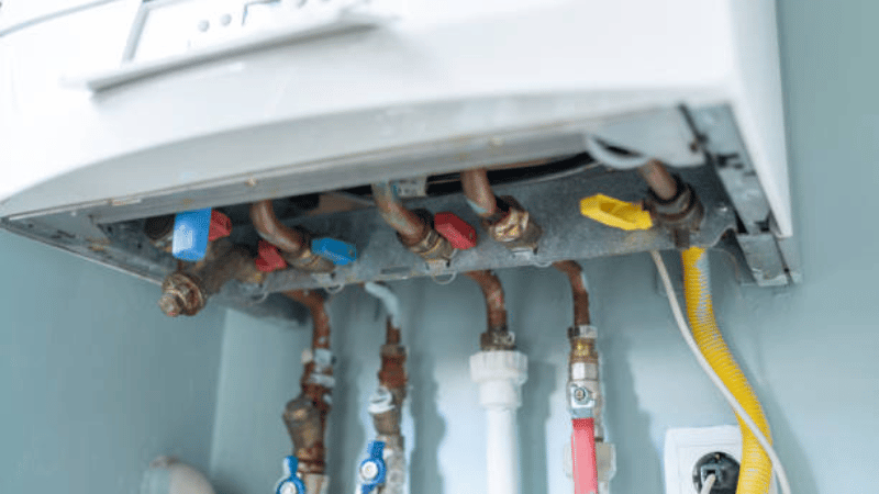 Close-up of boiler gas valve and heating pipe connections showing copper piping, shutoff valves, and system components.