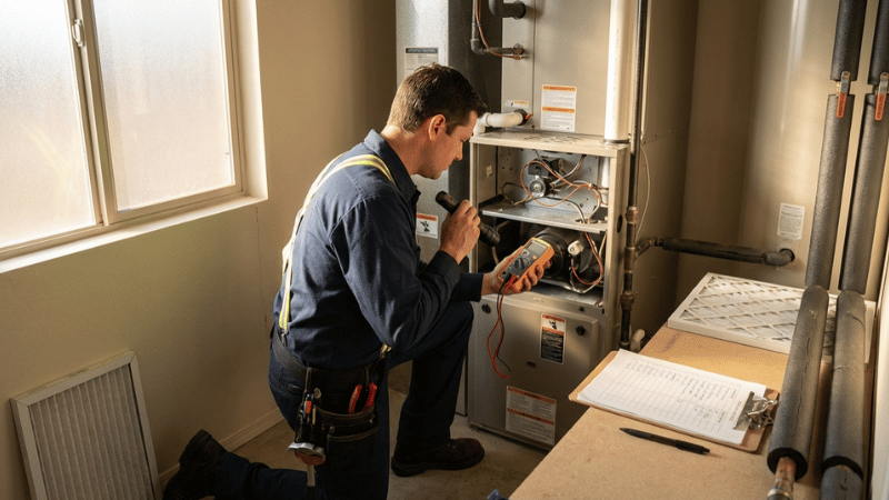 An HVAC technician inspects a residential furnace in Sierra Vista to improve heating efficiency before increased winter usage.