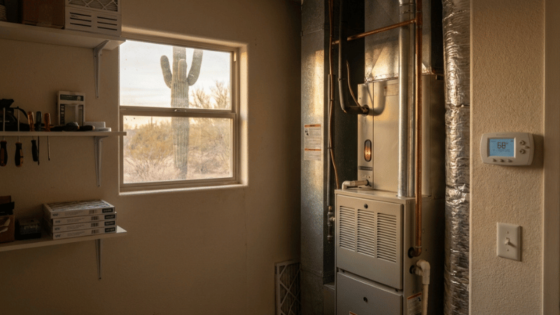 A residential heating system in Sierra Vista is prepared for winter after months of inactivity as colder evenings begin.