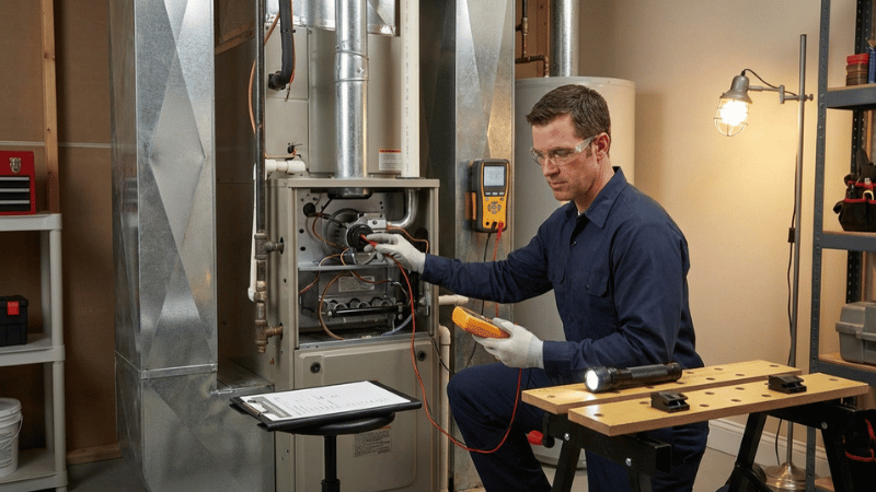 An HVAC technician performs a furnace check to prevent winter breakdowns and heating issues before peak seasonal demand.
