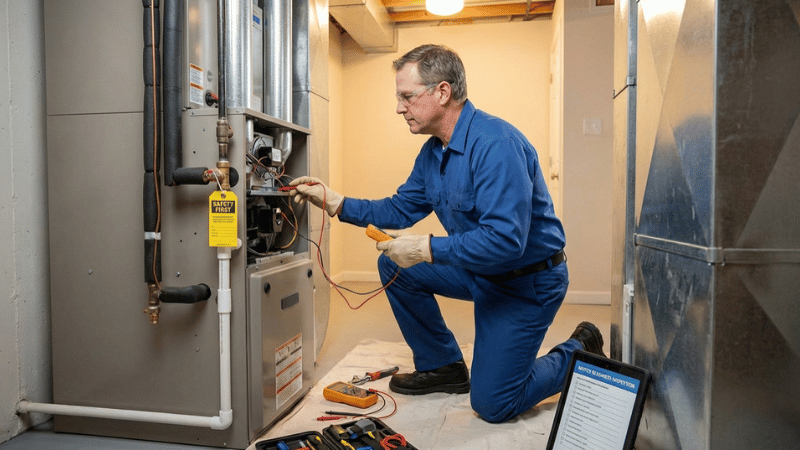 An HVAC technician performs professional heating service to ensure safe and reliable winter operation before temperatures drop.