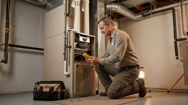An HVAC technician performs a detailed furnace inspection using diagnostic tools to ensure safe and reliable heating performance.