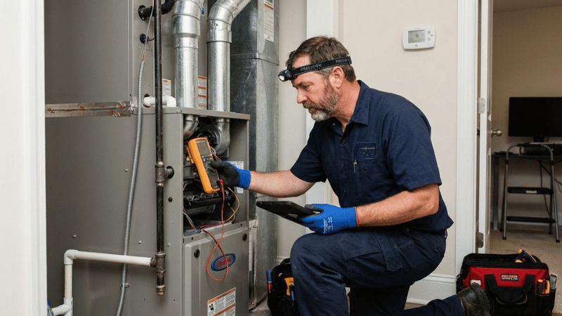 A professional HVAC technician checks a home heating system with a multimeter to diagnose performance and safety issues.
