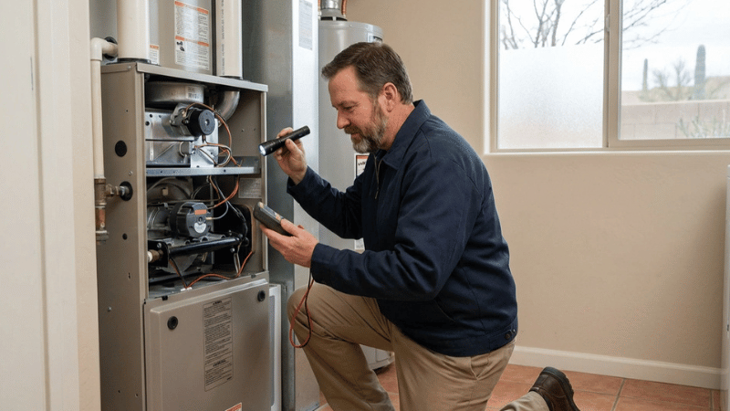 A professional HVAC technician checks internal furnace components with testing equipment as part of a pre winter heating system evaluation.