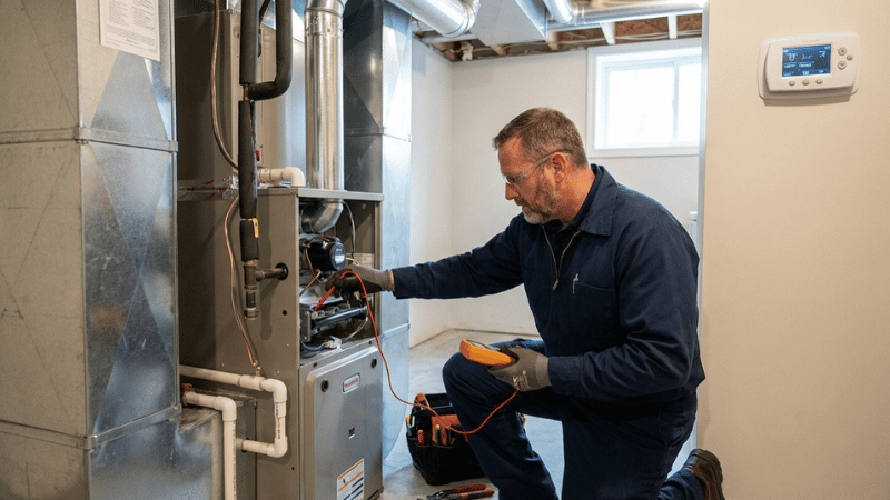 An HVAC technician uses diagnostic tools to inspect and test a residential furnace system during routine maintenance.