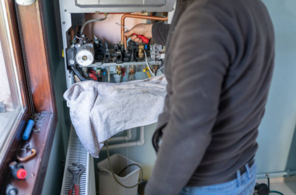 A technician works on an open wall mounted boiler, adjusting internal components during a heating system repair.
